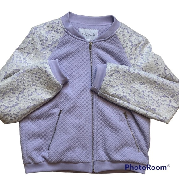Lucy Paris Quilted Bomber Jacket With Lace Sleeves Lavender Medium - Picture 4 of 8